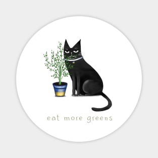 Cartoon black cat with a home flower in a pot and the inscription "Eat more greens". Magnet